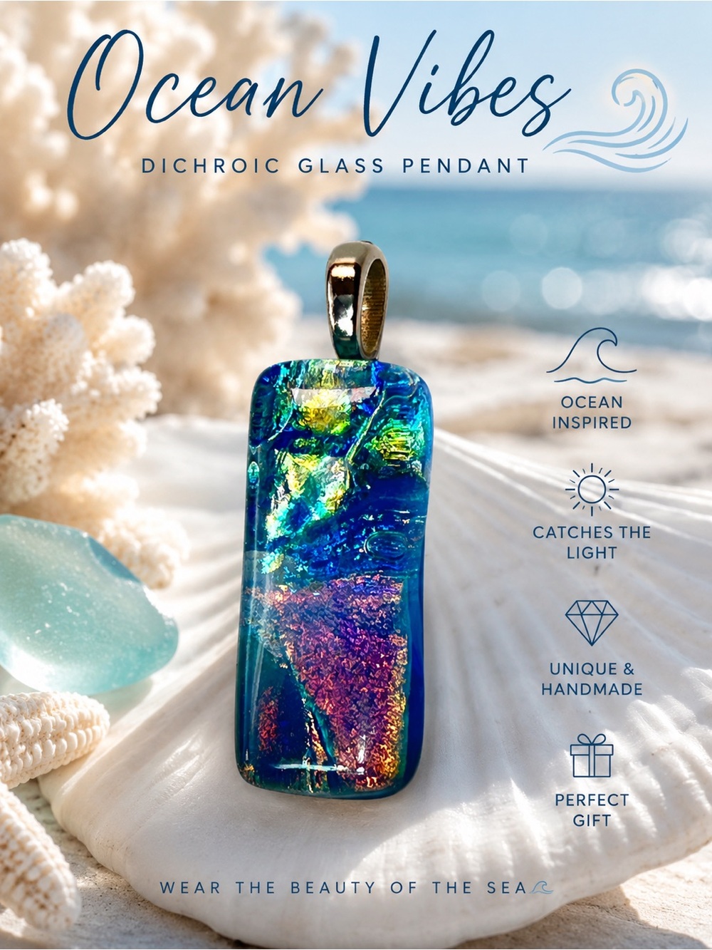 Dichroic Glass “Under the Sea” Pendant 925 Sterling Silver Artisan Necklace
